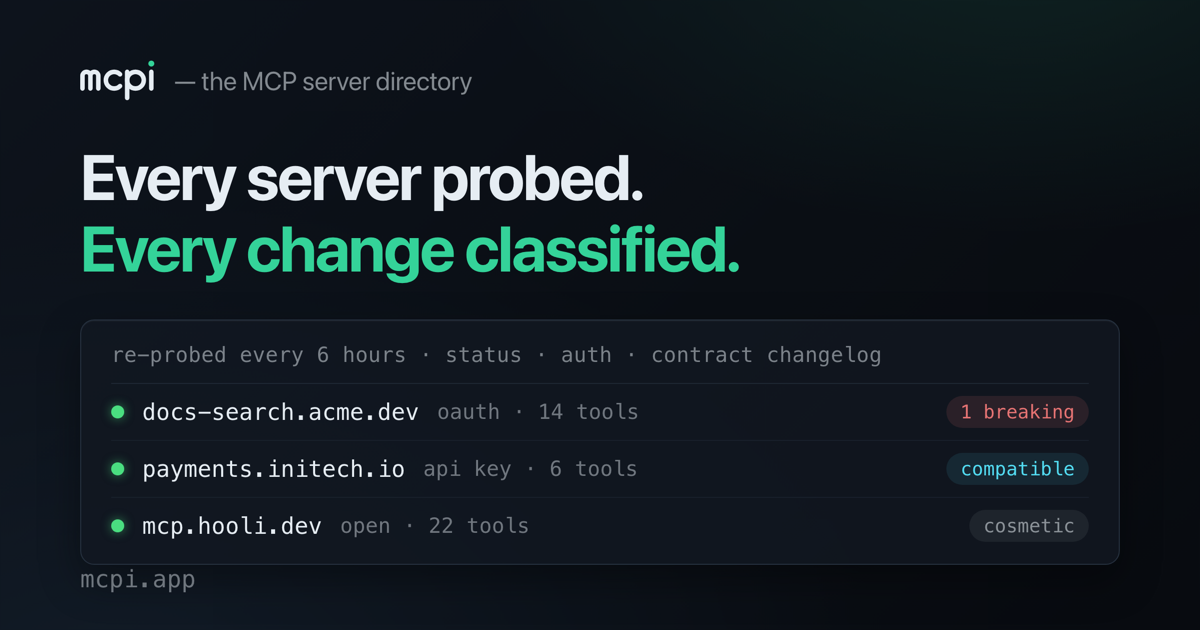 mcpi — MCP server directory for remote servers, re-probed every six hours. See which connect,…